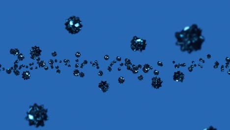 volando muchos virus en personaje de dibujos animados en fondo azul. concepto médico. divertida mascota de virus negro con enojado. animación de bucle 3d.