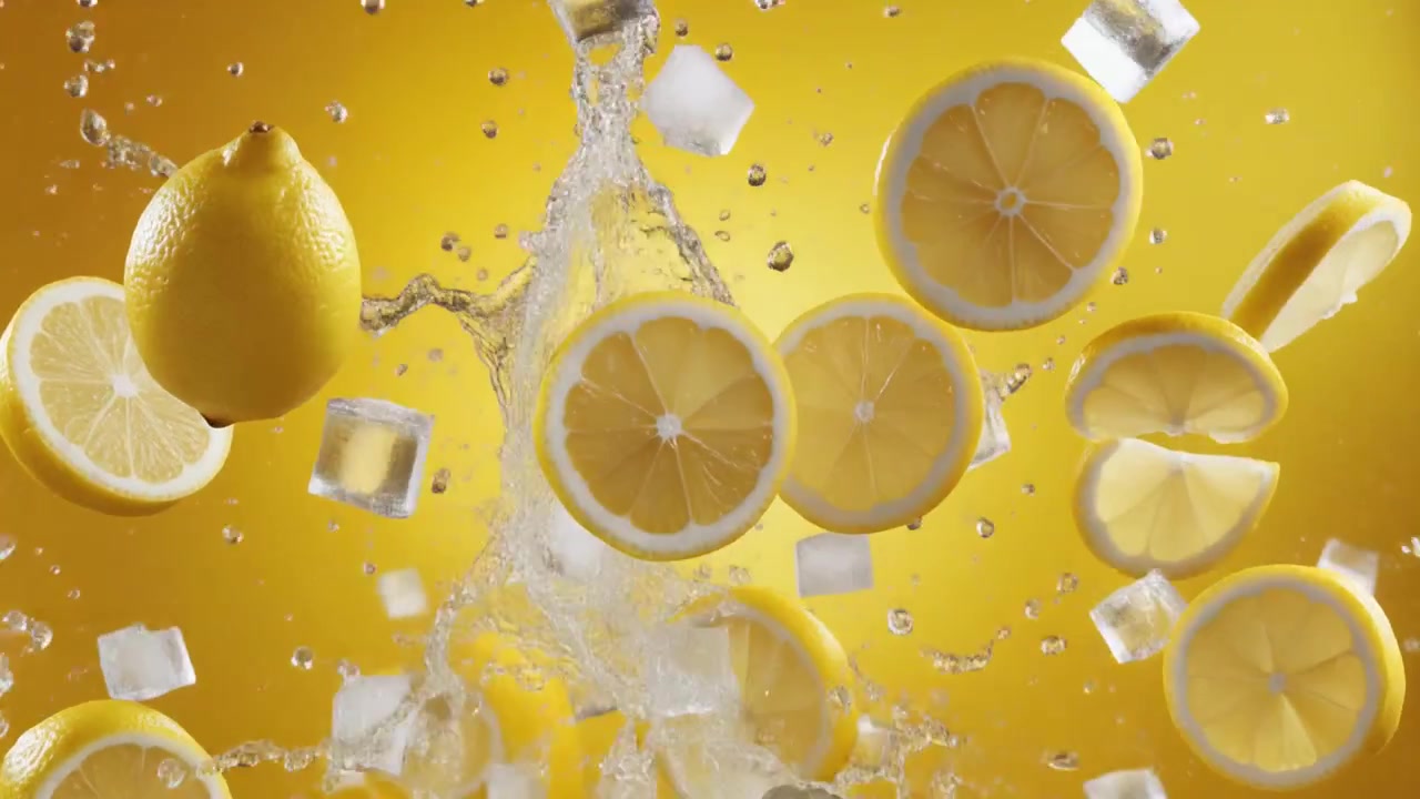 Fresh Lemons and Ice Cubes Splashing in Water