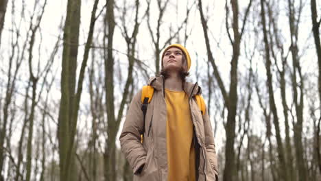 een jong meisje met een gele wollen muts in het bos kijkt omhoog naar de hoge takken van de bomen