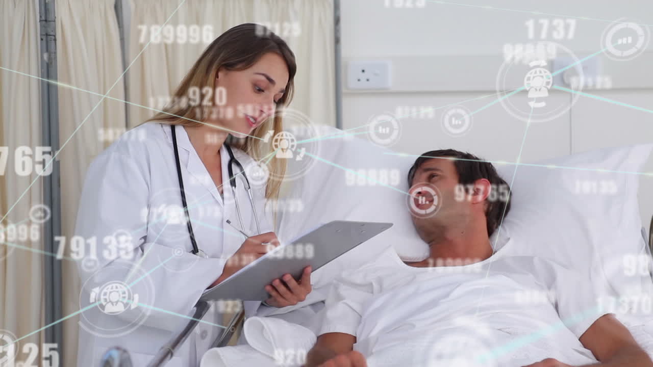 Animation merges healthcare and tech with doctor and patient amidst digital icons.