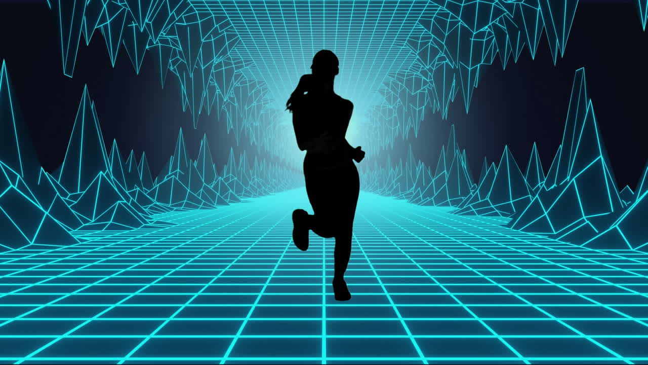 빛나는 그리드를 가로질러 달리는 여성의 애니메이션