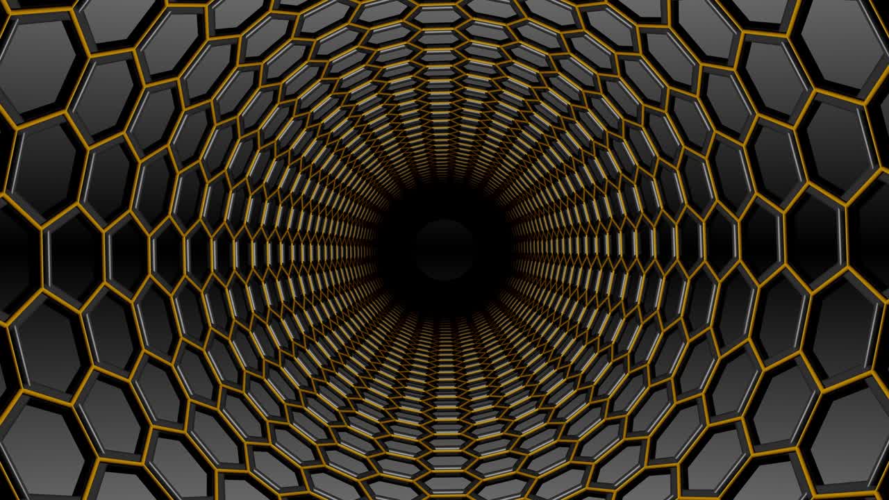 Black &amp; yellow hexagons mesh endless tunnel spin zoom.