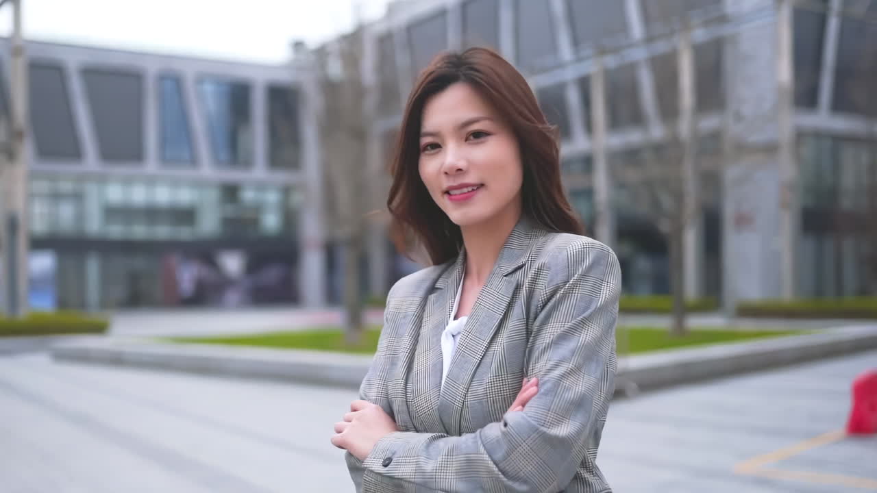 自信的亚洲女商人站在户外