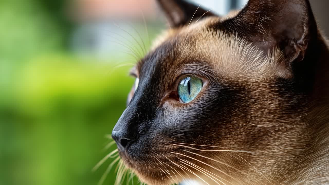 Primo piano accattivante di un gatto siamese che guarda pensieroso fuori dalla finestra, mettendo in risalto i suoi sorprendenti occhi azzurri e i tratti eleganti su uno sfondo verde lussureggiante