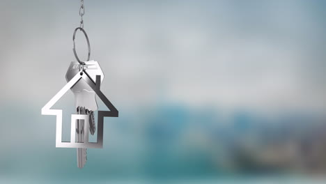 house-shaped keychain animation over blurred background