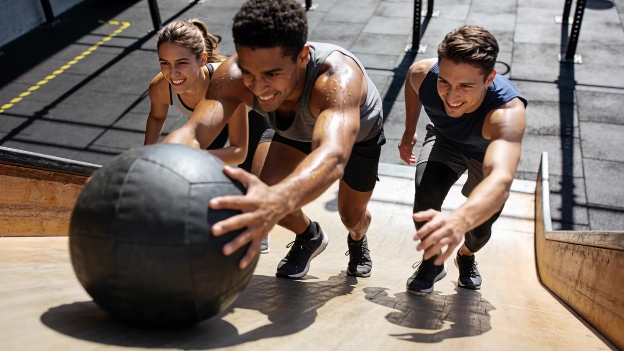 Athlet im Trainingszentrum im Tanktop, der beim Start Ausfallschritte eine Rampe hinaufmacht, während Partner versuchen, einen Medizinball zu kontrollieren
