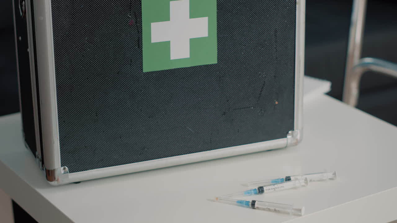 Close up of medical suitcase and syringes for healthcare on table