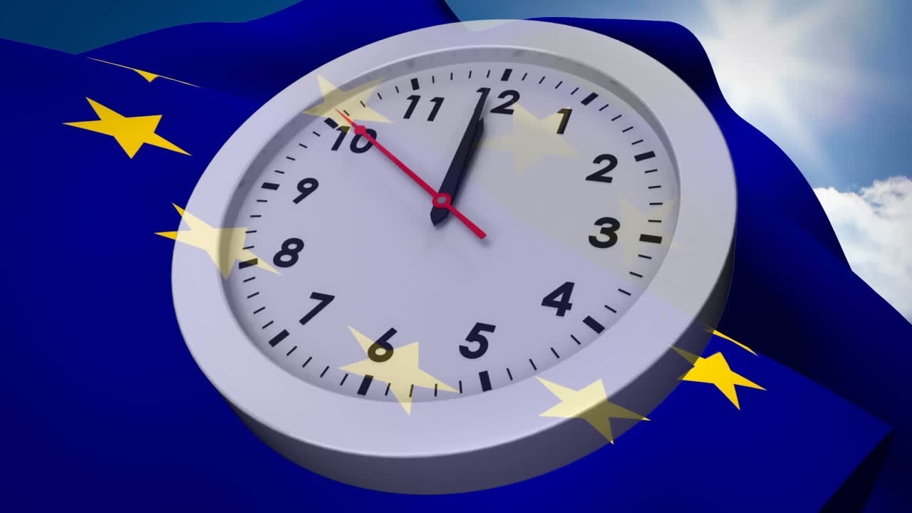 bandera europea y bandera del reino unido renunciando detrás del reloj analógico