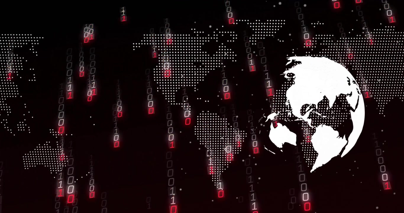 dotted map emerging, white globe rotating and binary code cascading, visualizing global data flow