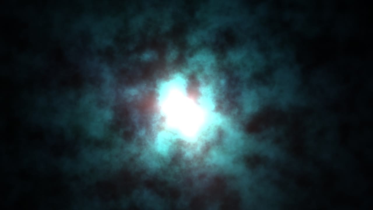 Un nucleo bianco brillante circondato da particelle vorticose blu e nere simili a fumo crea uno sfondo in movimento dinamico e astratto