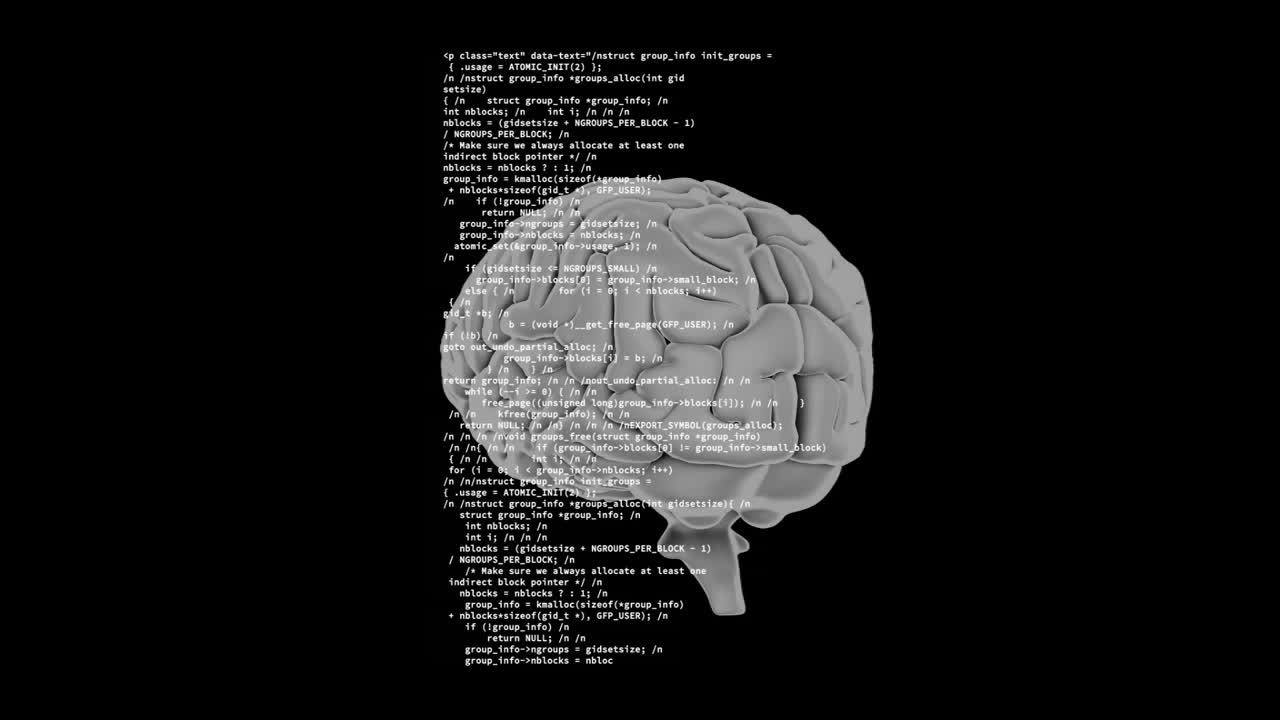 Brain animation with programming code over black background