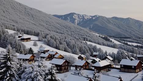 Aerial view of a snow-covered village nestled in a mountainous landscape, capturing a serene winter