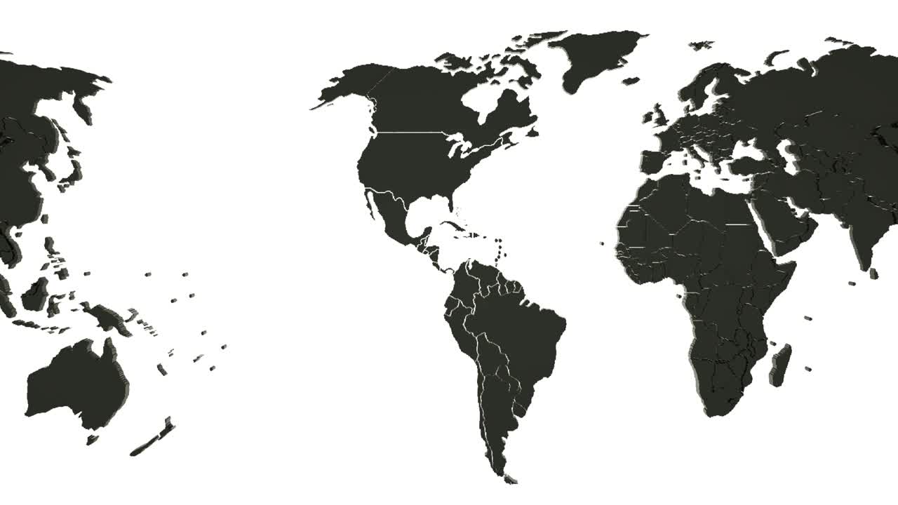 animación 3d en bucle de un mapa del mundo negro sobre fondo blanco. desplazamiento de izquierda a derecha