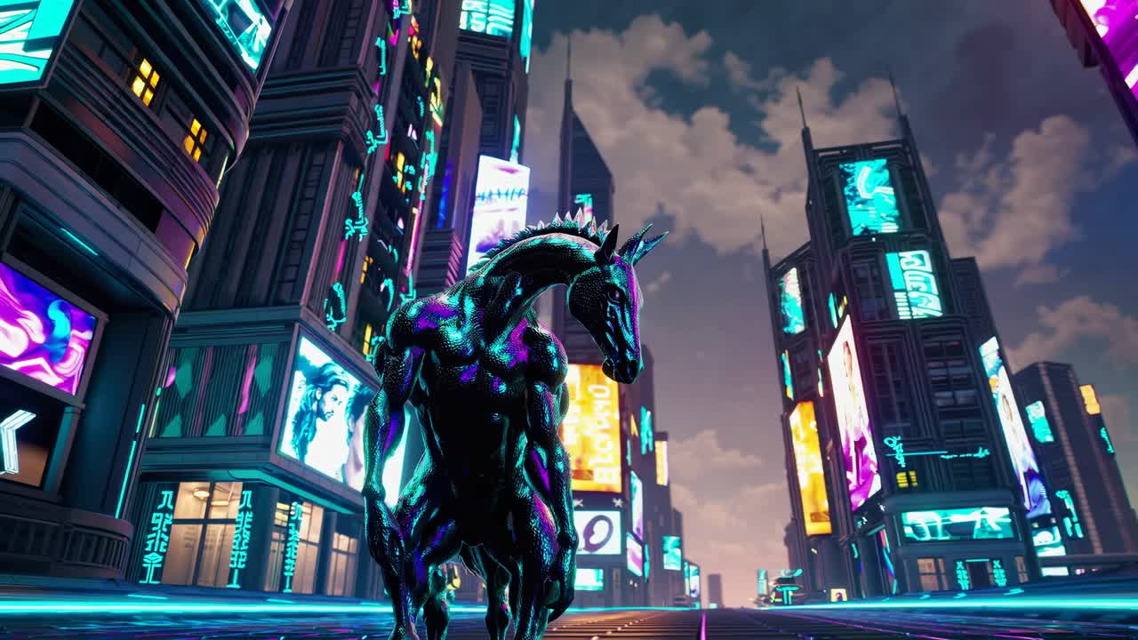Cyberpunk Unicorn Statue in a Futuristic City