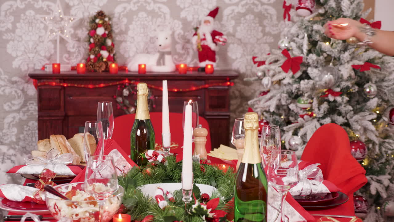 Festive Christmas Table Setting with Decorations and Champagne