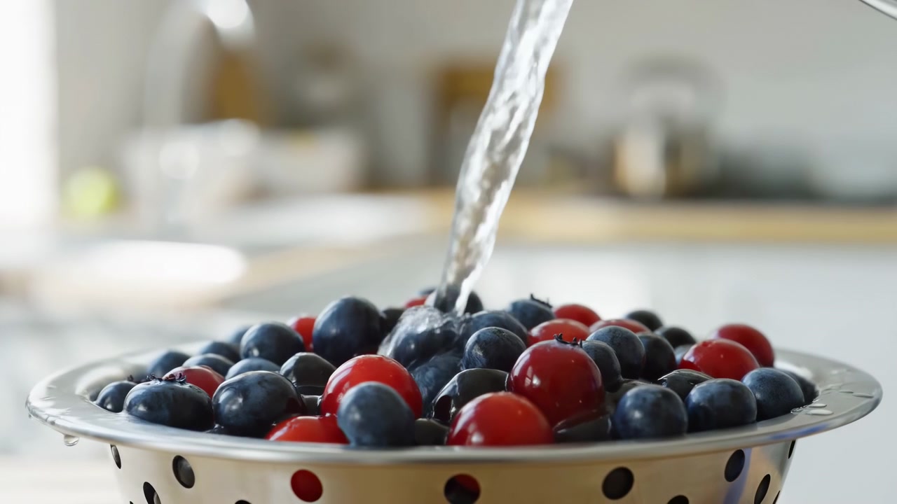 Un colador de metal lleno de arándanos y frutos rojos se enjuaga bajo un chorro de agua clara en una cocina luminosa, con luz natural suave y un fondo borroso.
