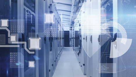 interfaz digital con procesamiento de datos contra una sala de servidores de computadoras vacía