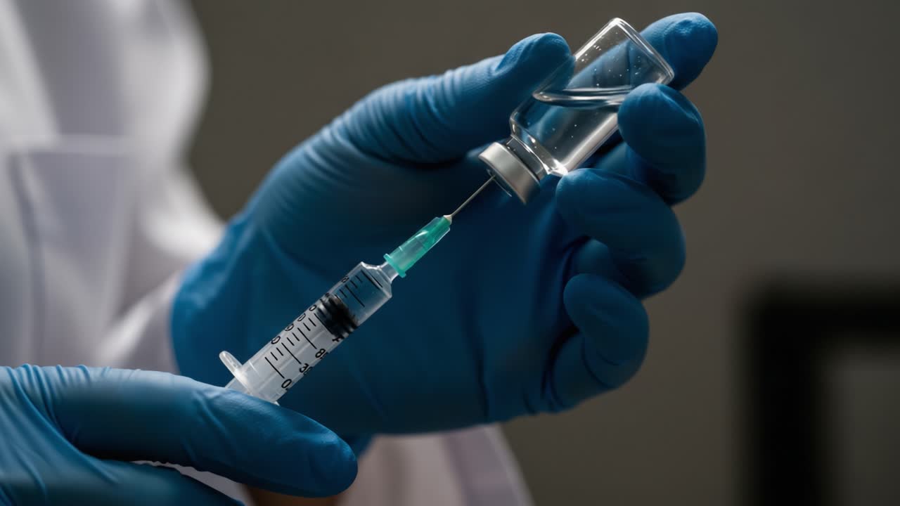 Medical Professional Preparing Injection with Vaccine in Glass Vial and Syringe During Clinical Procedure - Close-up View of Healthcare Action