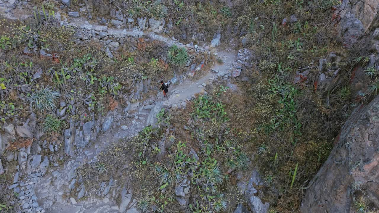 A stationary drone watches adventurous girl turn the corner and wave, then reverses as she continues down the Colca Canyon trail, highlighting the rugged path and remote landscape