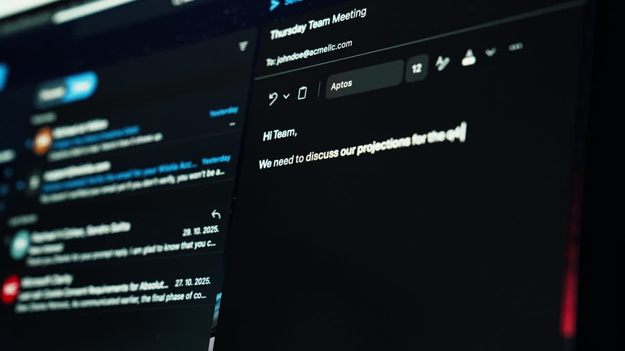 Detailed shot of a computer screen as someone types a corporate email to colleagues. Perfect for office, communication, technology, and modern workplace visuals