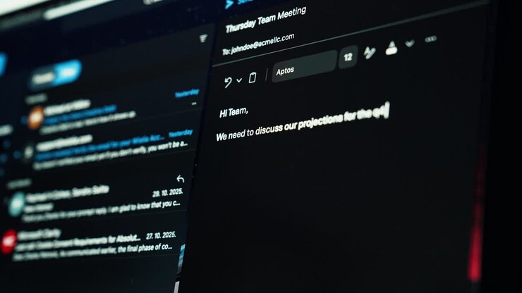 Detailed shot of a computer screen as someone types a corporate email to colleagues. Perfect for office, communication, technology, and modern workplace visuals