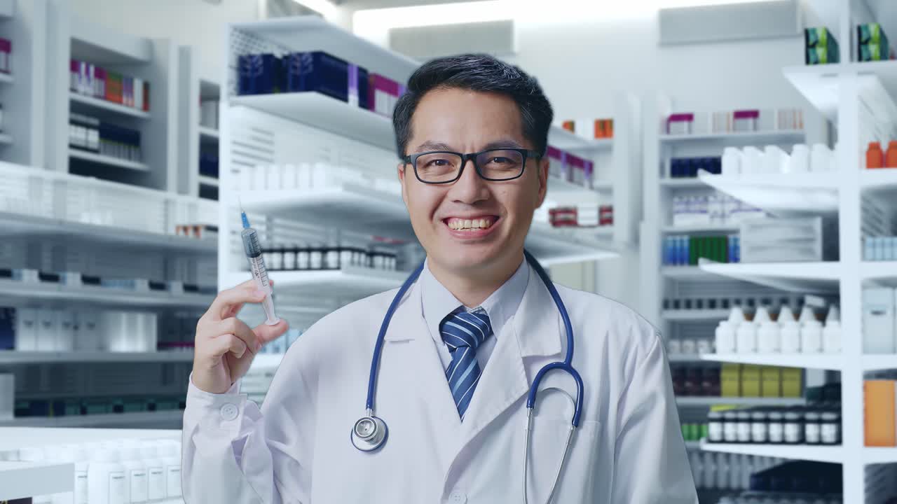 스테토스코프를 들고 주사기를 들고 약국에서 웃는 아시아 남성 의사의 클로즈업