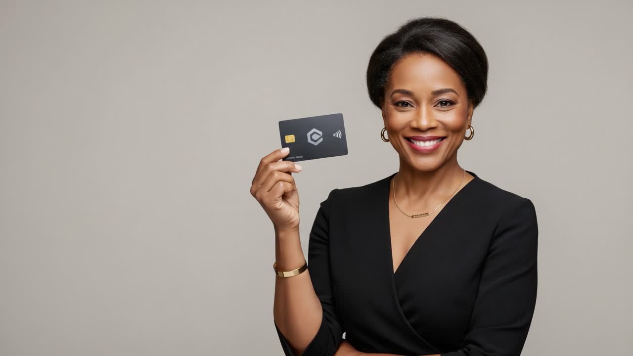 Confident Woman Showcasing a Stylish Card in a Professional Setting: Empowerment and Financial Independence