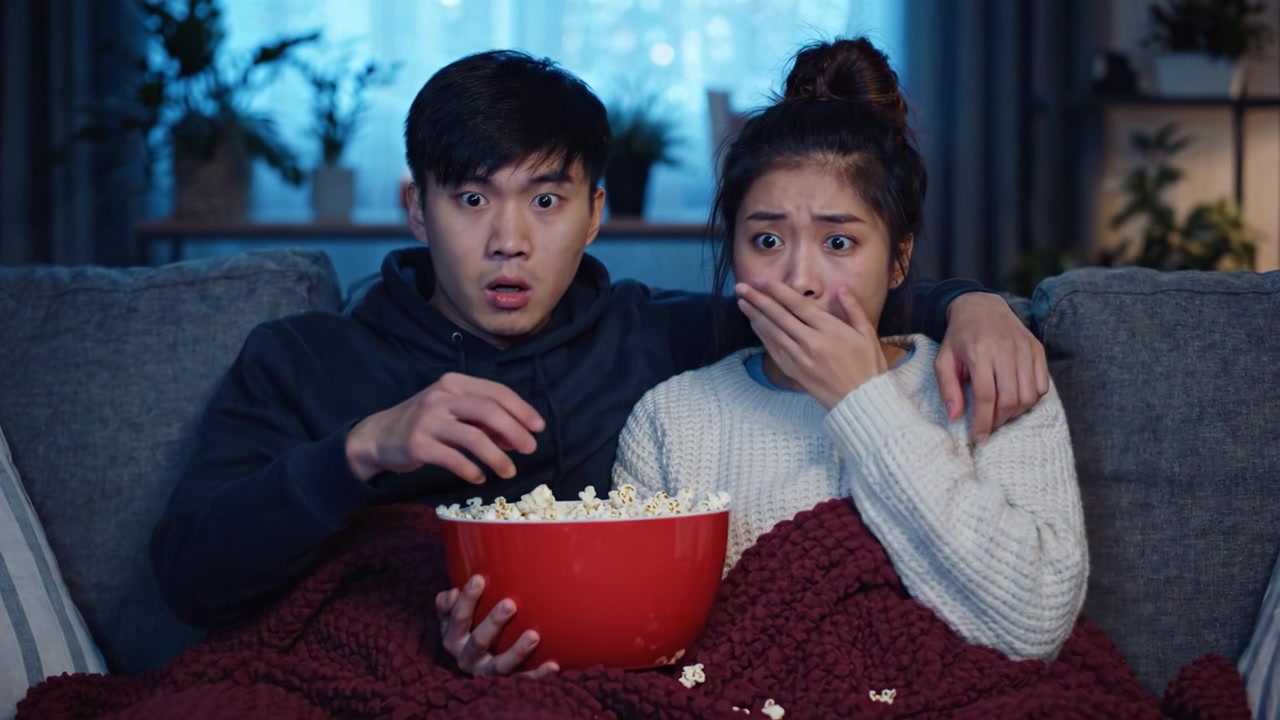 魅惑的な瞬間：ポップコーンを手に、サスペンスシーンに夢中になる二人の友人が映画の夜のスリルを体験