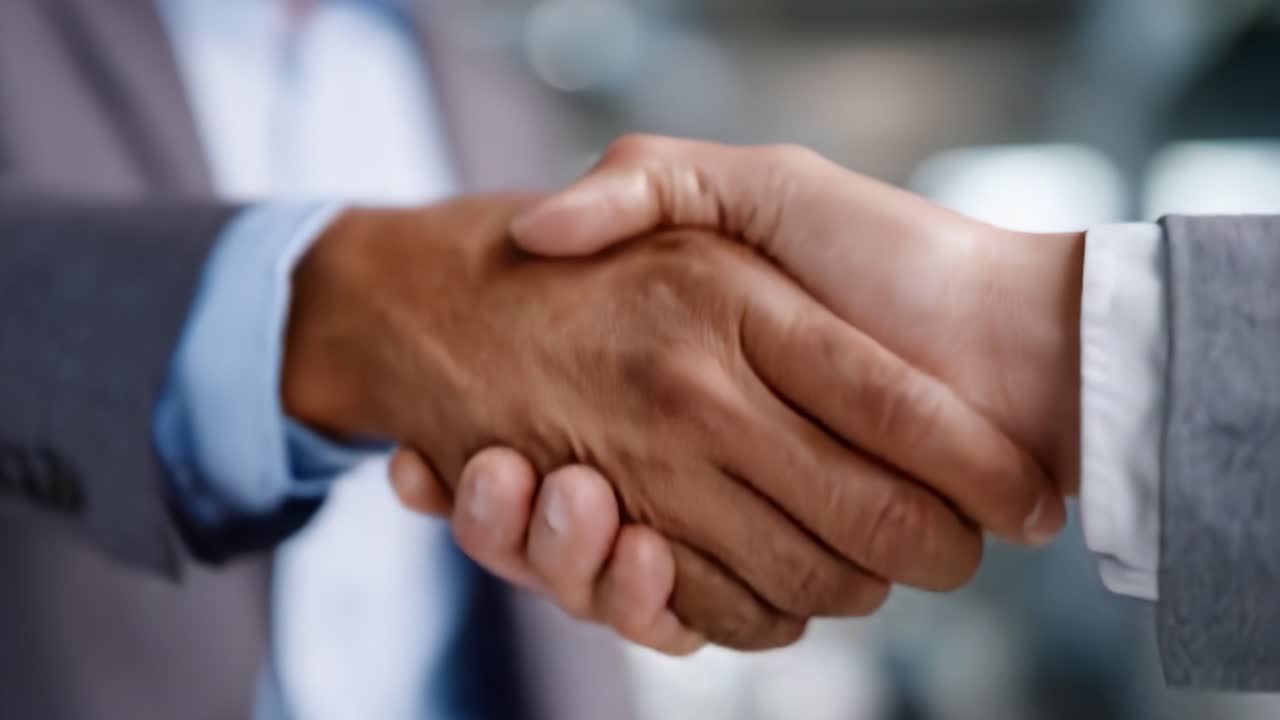 Business handshake symbolizing partnership, agreement, and collaboration between two professionals in a corporate environment for mutual benefit and trust