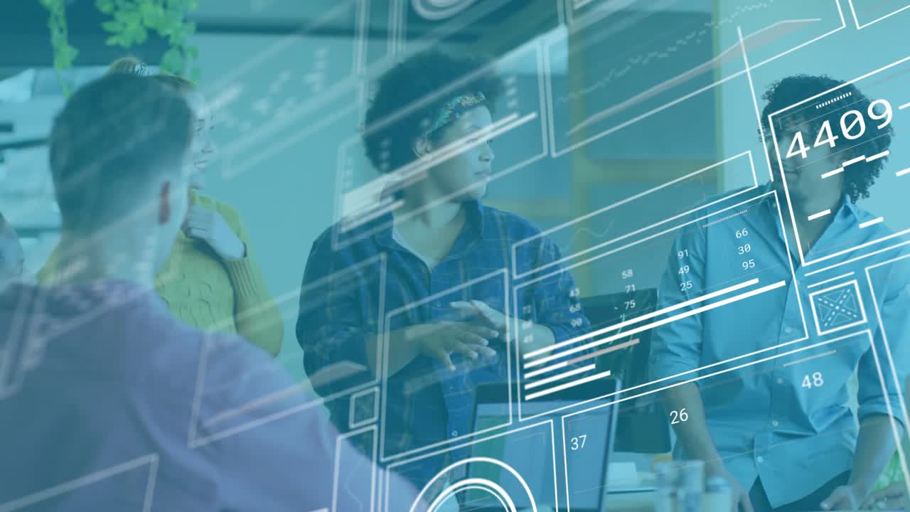 Project lead in business meeting outlining data and animating overlays for team alignment