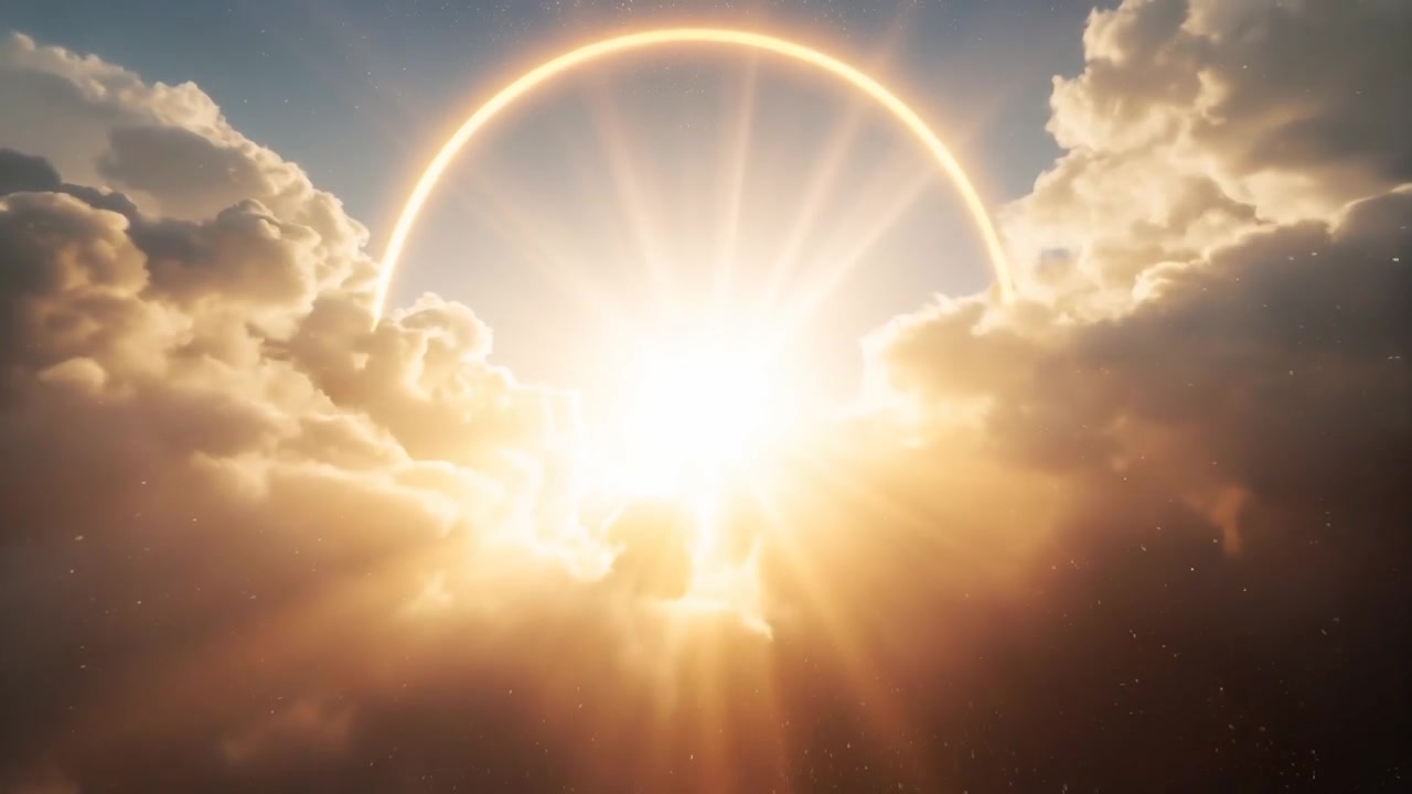 Rising sun-like core sending beams above cumulus tops, illuminating halo, cloud edges and particles