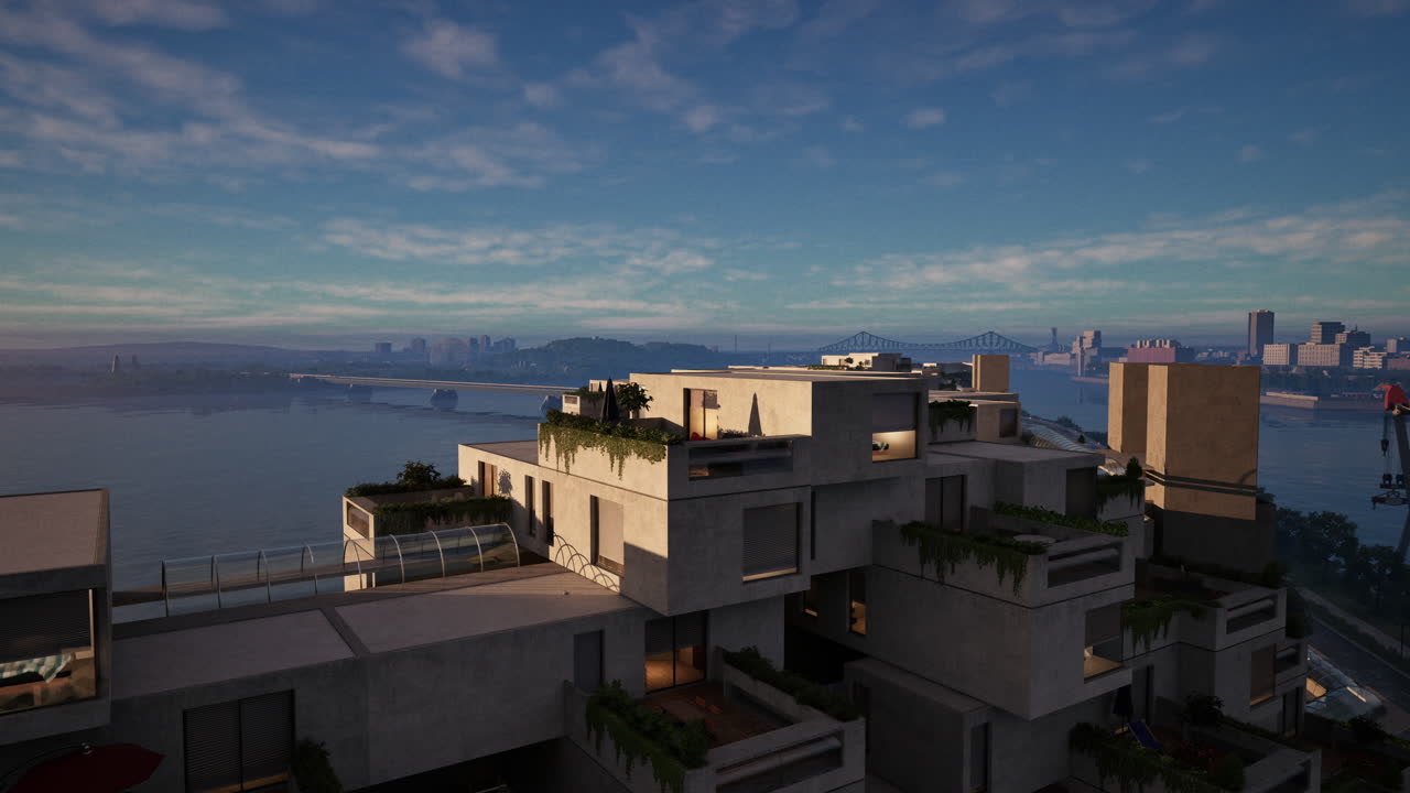 도시 전망을 가진 현대 건축 건물