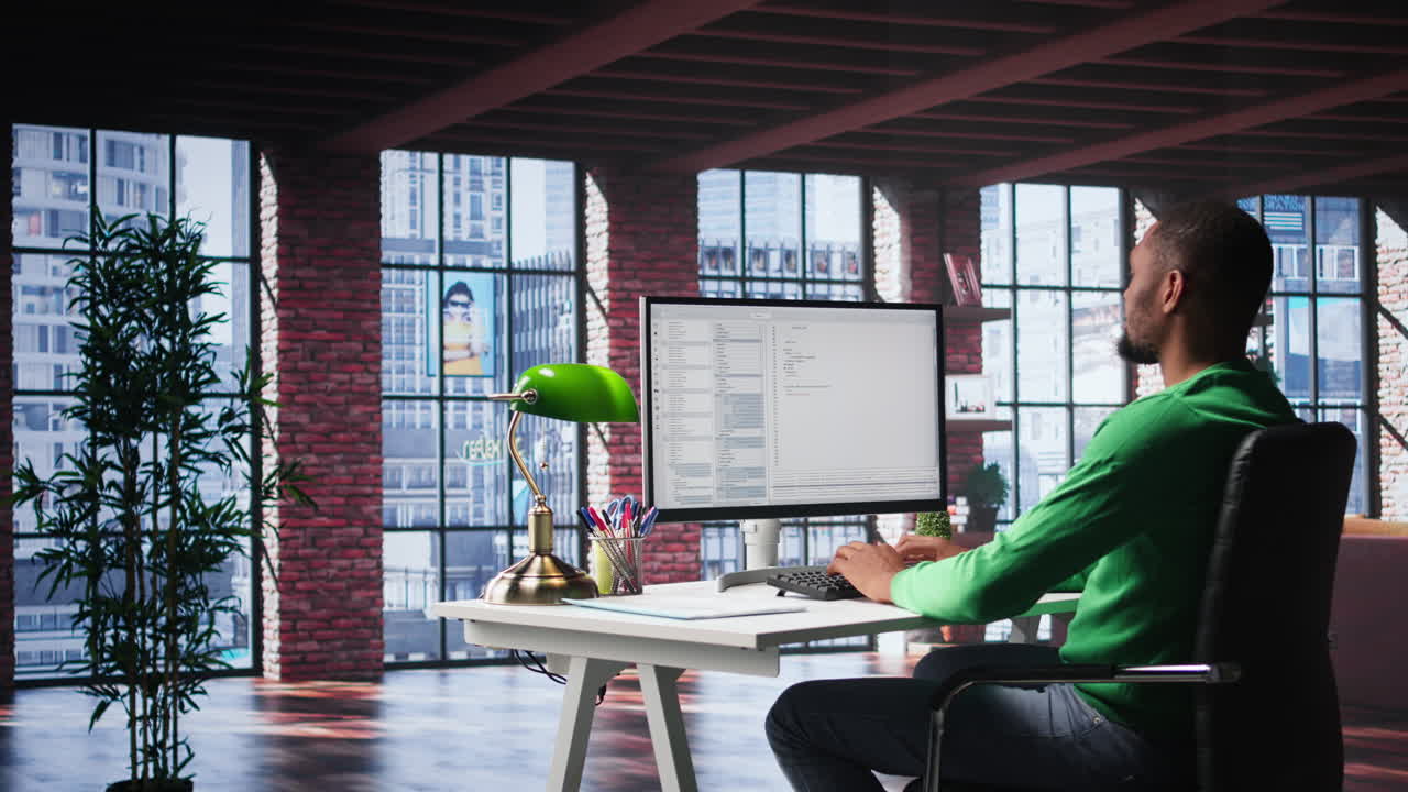 Vertical Video African American IT expert working with a computer full of code