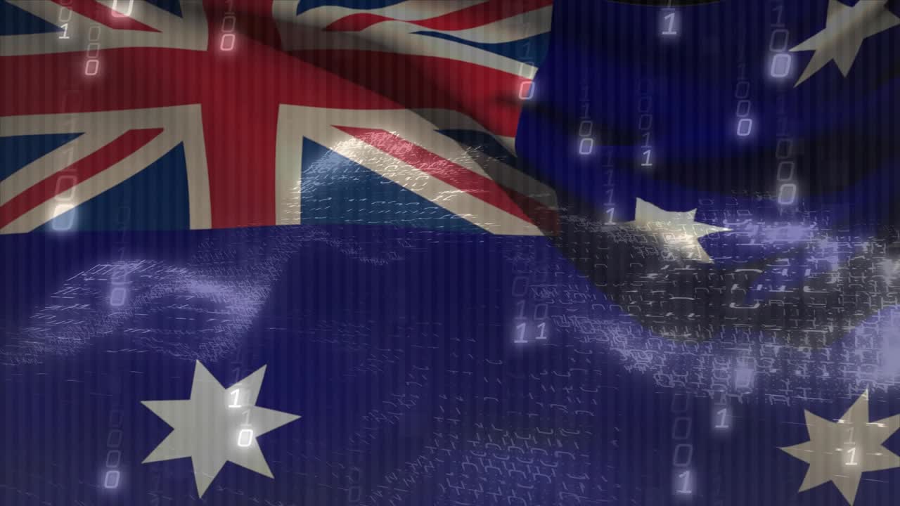 Binary columns appearing over canton sparking digital rain, Aussie flag rippling mirroring network
