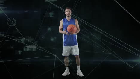 Animación-De-Red-De-Conexiones-Y-Procesamiento-De-Datos-Sobre-Jugador-De-Baloncesto-Sobre-Fondo-Negro