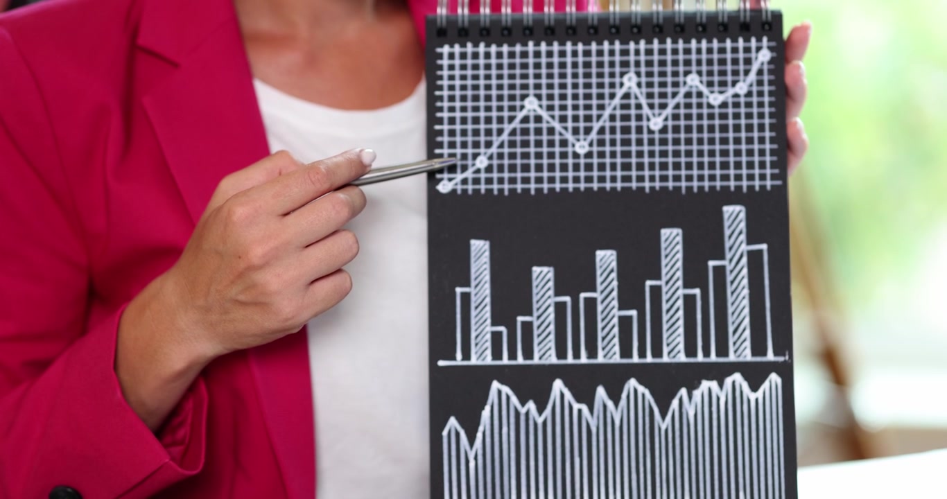 Una donna mostra un diagramma su carta, in primo piano