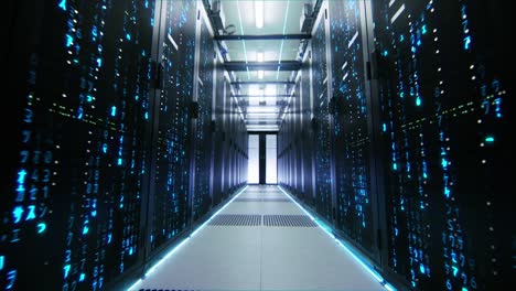 números de estilo matriz de centro de datos lloviendo en racks de servidores. animación visualizando y digitalizando la realidad virtual de la información, datos, simulación, supercomputación cuántica, ia y redes neuronales