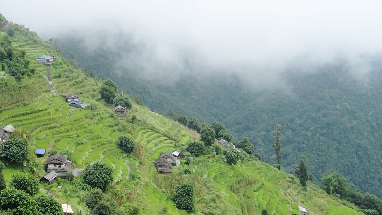 Rural Nepal Remote Village in Himalayas with Terraced Paddy Fields and Rice Paddies in Himalaya Mountains, Rural Villages with Steep Farming Farm Land in Himalayas Mountains