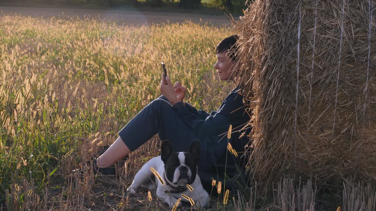 스마트폰을 들고 있는 프랑스 불도그와 함께 풀에 있는 길러.
