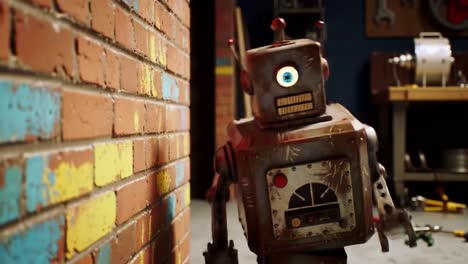 A Charming Vintage Robot Explores a Colorful Workshop, Captivating All with Its Unique Design and Mechanical Charm in This Whimsical Scene