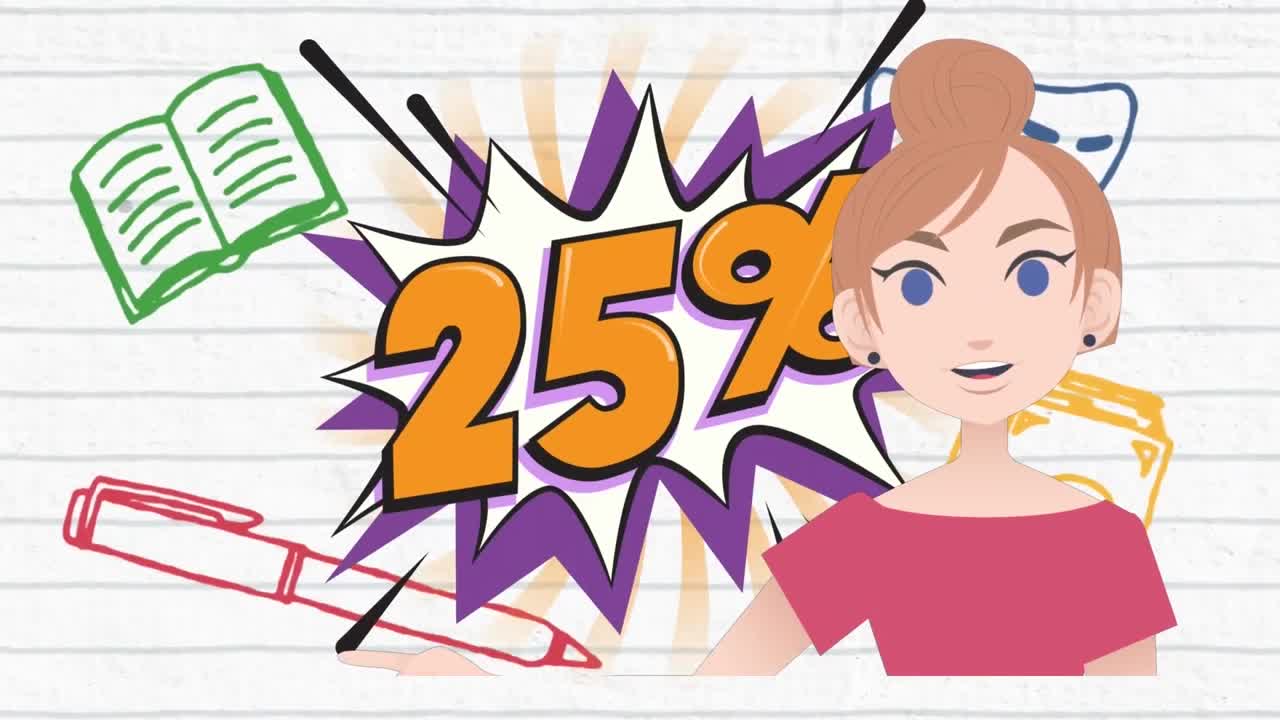 animación de una mujer hablando más del 25 por ciento de texto e iconos escolares