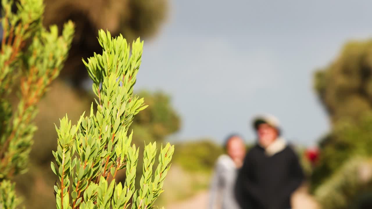 두 사람 이 자연 경로 를 고 있다