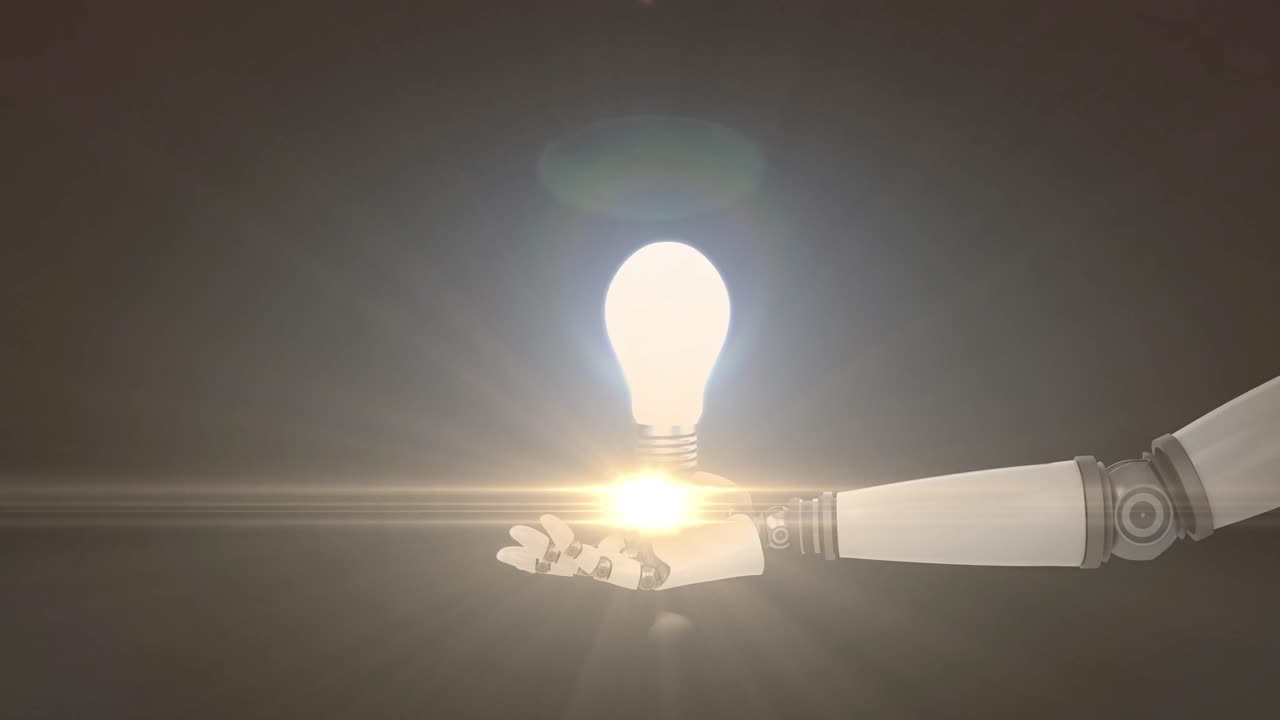 어두운 배경에  ⁇ 은 로 ⁇  팔의 손 위에 조명된 전구의 애니메이션