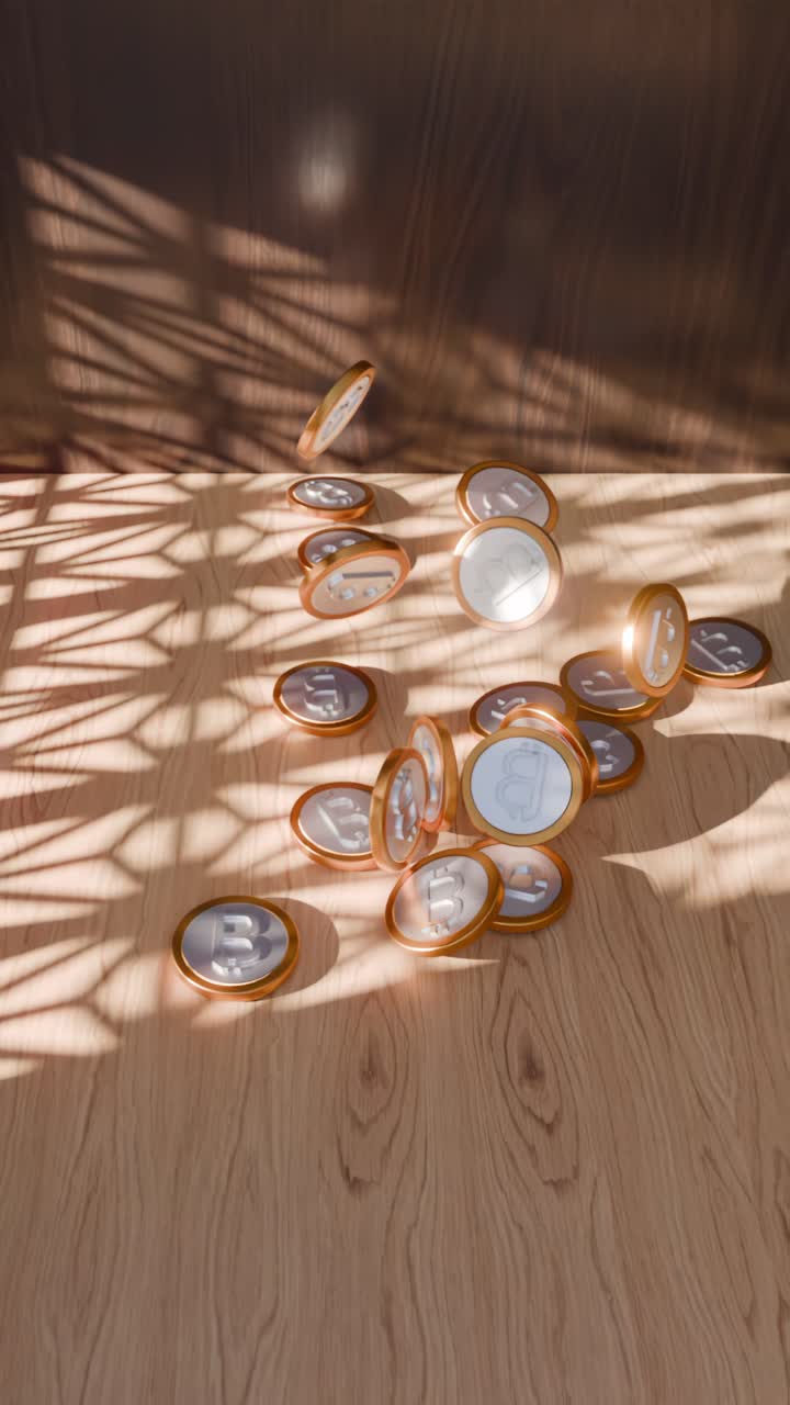 monedas de bitcoin cayendo sobre una mesa de madera