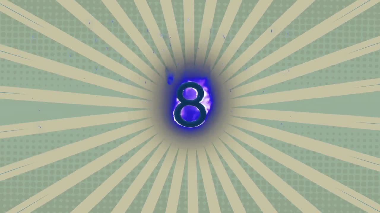 녹색 배경에 방사선에 대항하여 8번 위에 있는 파란 불꽃 효과의 디지털 애니메이션