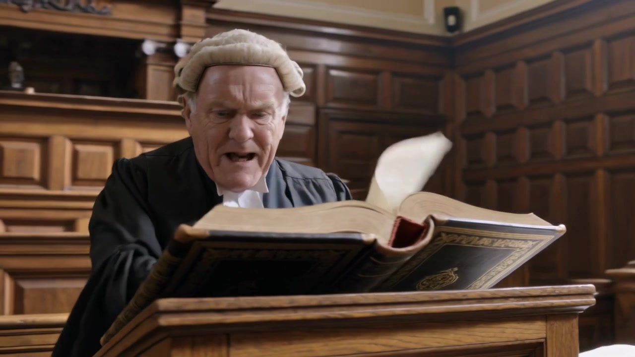 Flipping pages rapidly senior judge seeking citation in big book at court lectern, white wig, robe