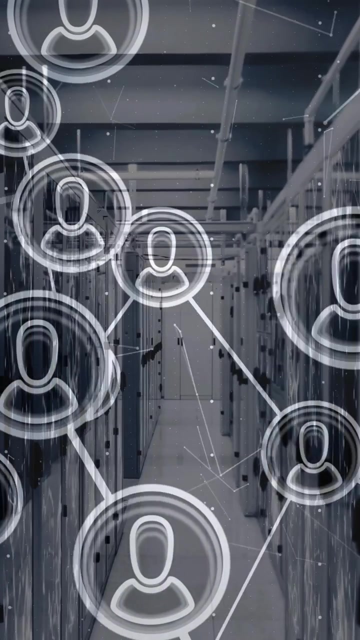 In server room, animation of user icons network representing digital communication