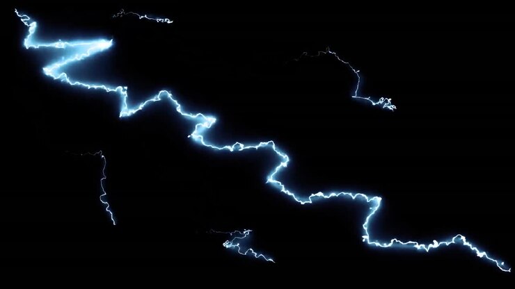 Animazione di forme caleidoscopiche rosse su correnti elettriche blu luminose su sfondo nero.