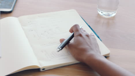 Business woman drawing graphs in notebook