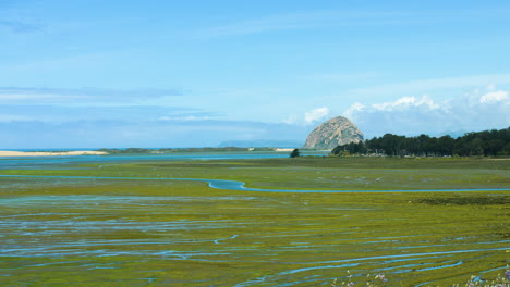 moro bay california looking over lowlands marsh toward famous rock